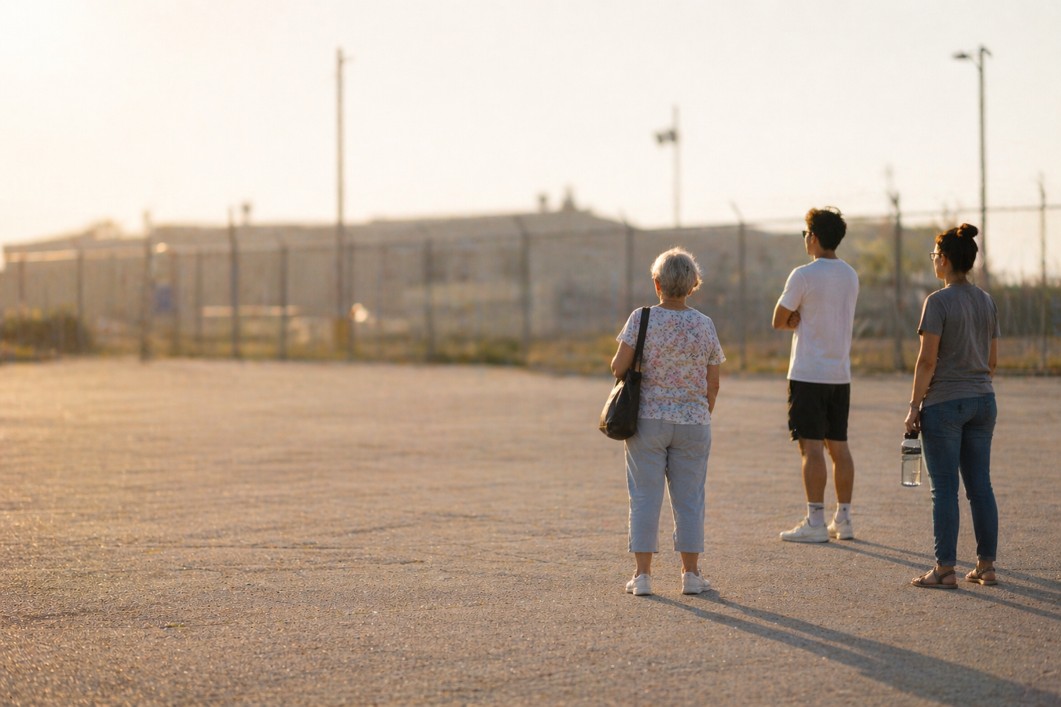 Three people stand on a wide, sunlit concrete lot near a chain-link fence, facing away from the camera, with long shadows stretching across the ground.