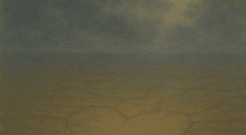 A cracked desert landscape with faint fissures forming the shape of a heart, under a moody, cloud-filled sky with soft golden light.