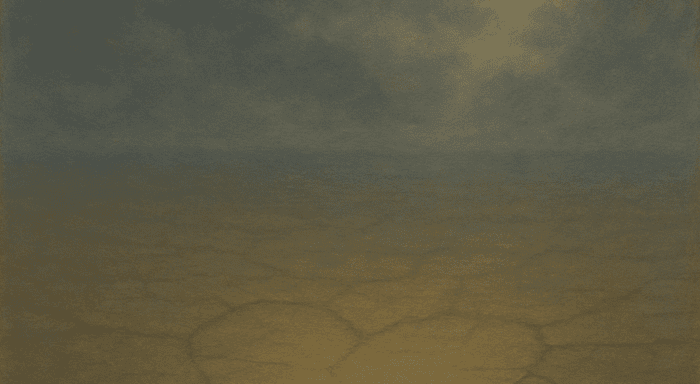 A cracked desert landscape with faint fissures forming the shape of a heart, under a moody, cloud-filled sky with soft golden light.