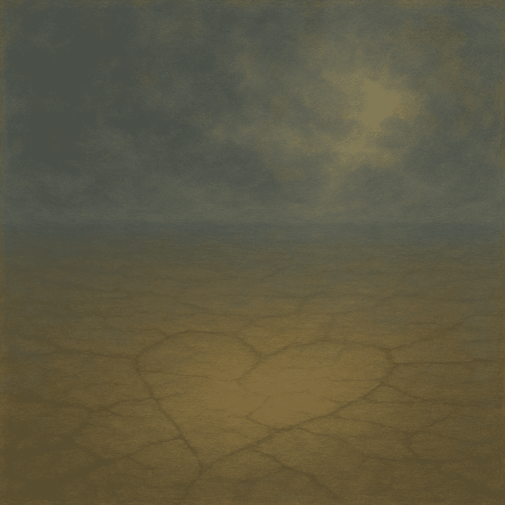 A cracked desert landscape with faint fissures forming the shape of a heart, under a moody, cloud-filled sky with soft golden light.