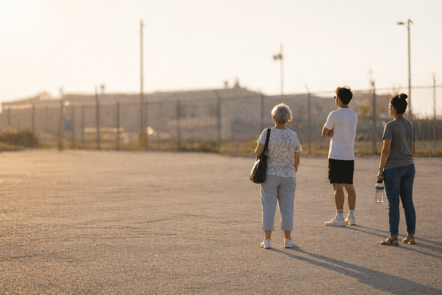 Three people stand on a wide, sunlit concrete lot near a chain-link fence, facing away from the camera, with long shadows stretching across the ground.