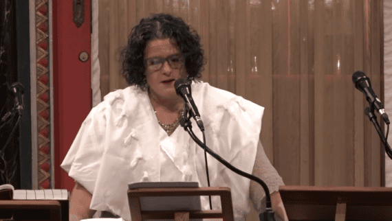 Rabbi Felicia Sol speaks from the bimah in the BJ Sanctuary