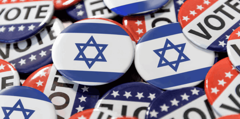 VOTE badges with US flag, interspersed with some badges with Israeli flag