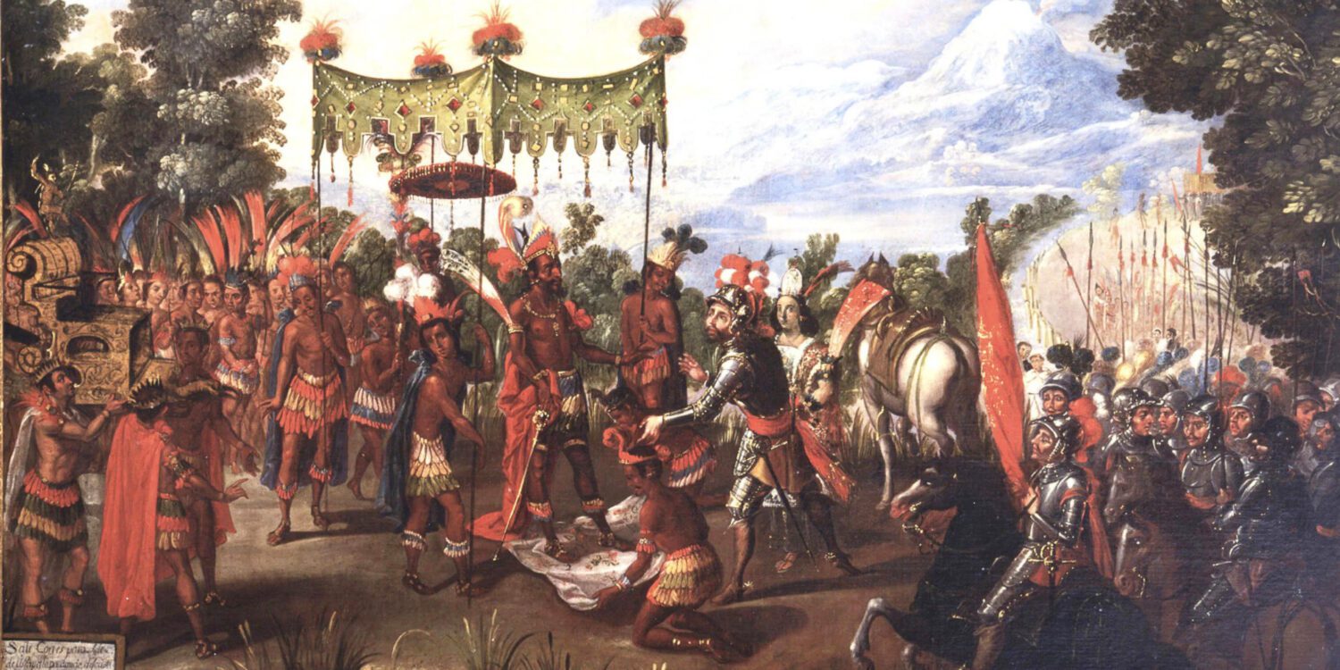 Hernán Cortés and Emperor Moctezuma This seventeenth-century oil painting shows the first meeting of Spanish conquistador Hernán Cortés (center right) and Emperor Moctezuma of the Mexicas (center left) in 1519. Just behind Cortés stands Malinche, his mistress and interpreter. Moctezuma’s people are not permitted to gaze upon his face, and a servant ensures his feet do not touch the ground.
