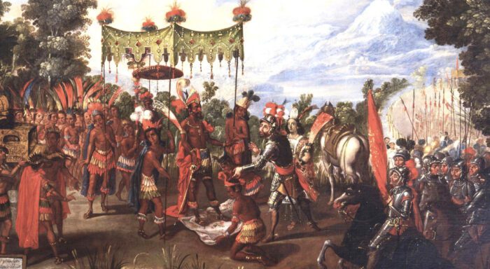 Hernán Cortés and Emperor Moctezuma This seventeenth-century oil painting shows the first meeting of Spanish conquistador Hernán Cortés (center right) and Emperor Moctezuma of the Mexicas (center left) in 1519. Just behind Cortés stands Malinche, his mistress and interpreter. Moctezuma’s people are not permitted to gaze upon his face, and a servant ensures his feet do not touch the ground.